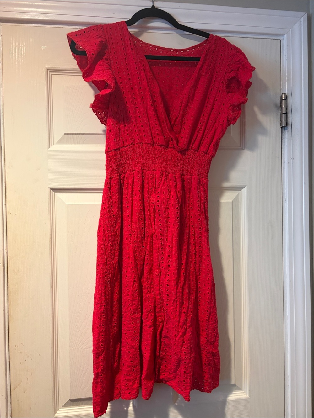 Red Eyelet V-Neck Midi Dress with Smocked Waist